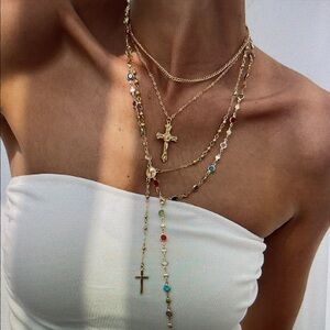 Elegant Gold Multi-Layer Necklace with Cross Pendants